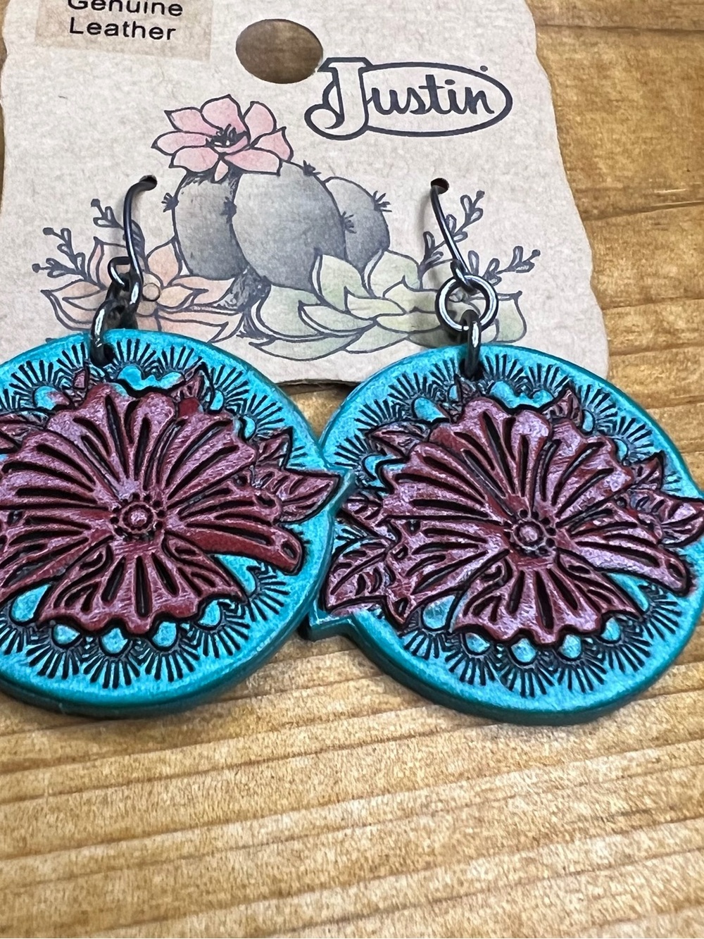 Justin Boots Turquoise & Burgundy Floral Leather Drop Earrings